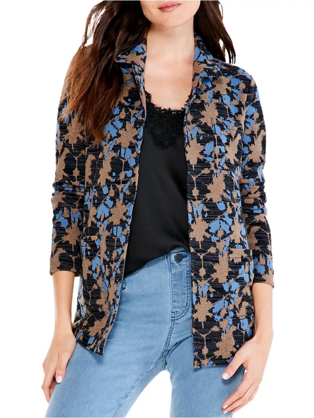 NIC+ZOE Women’s Knit Blazer Jacket Small Blue Brown Abstract Stretch Career